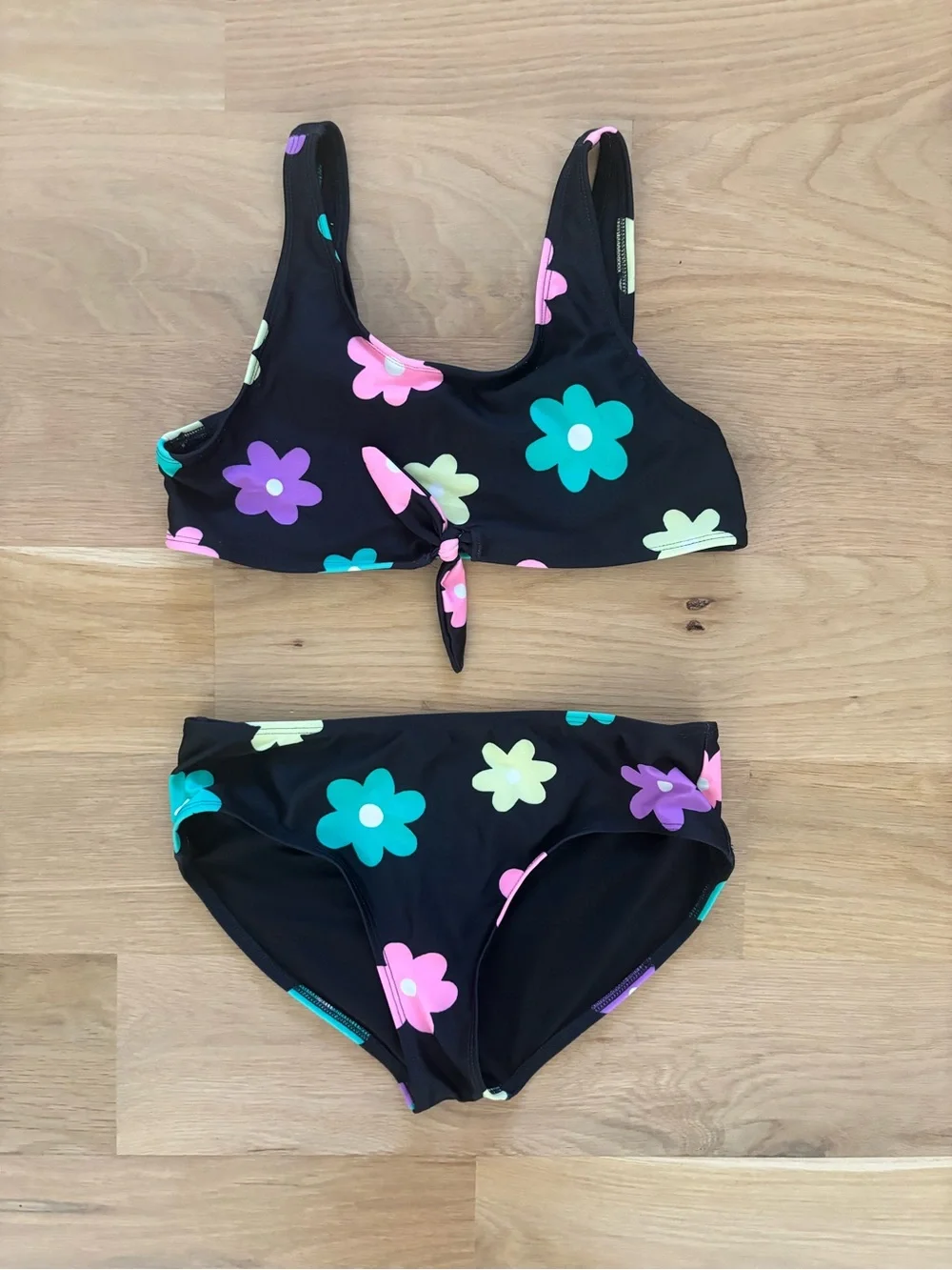 Girls' Black Floral Tie-Front Bikini - Kids Swim